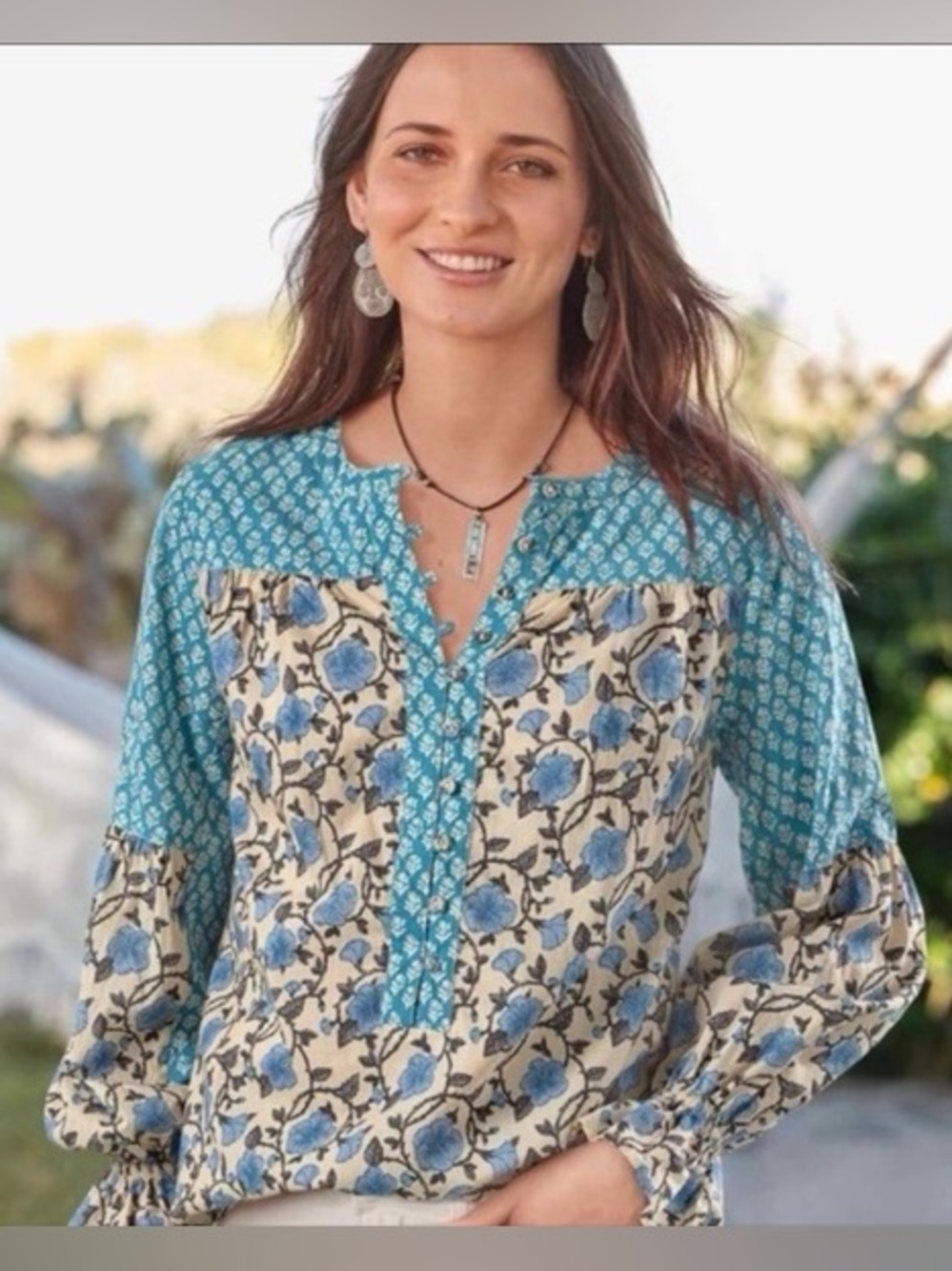 Sundance Blue and Cream Mixed-Print Peasant Tunic